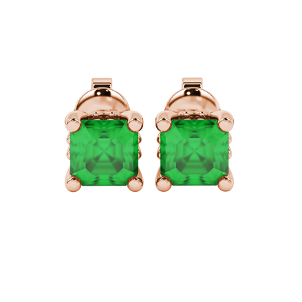 Asscher cut solitaire stud earrings in gold featuring 5.00 MM square gemstones in a classic four-prong setting