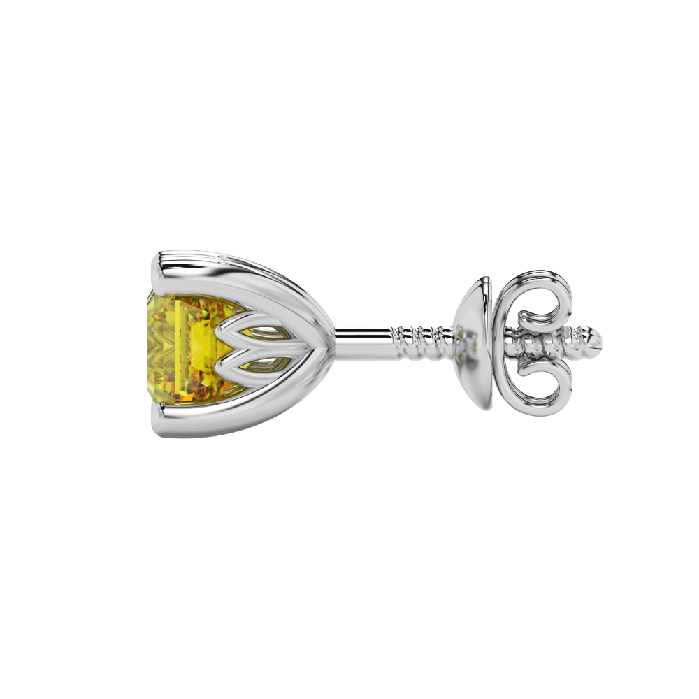 Asscher cut solitaire stud earrings in gold featuring 5.00 MM square gemstones in a classic four-prong setting
