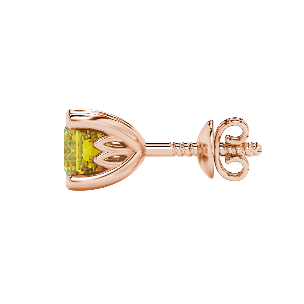 Asscher cut solitaire stud earrings in gold featuring 5.00 MM square gemstones in a classic four-prong setting