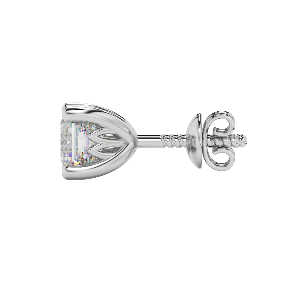 Asscher cut solitaire stud earrings in gold featuring 5.00 MM square gemstones in a classic four-prong setting