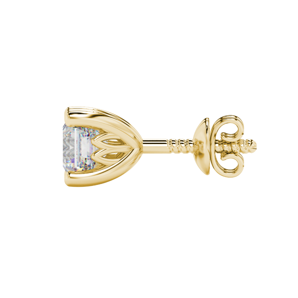 Asscher cut solitaire stud earrings in gold featuring 5.00 MM square gemstones in a classic four-prong setting