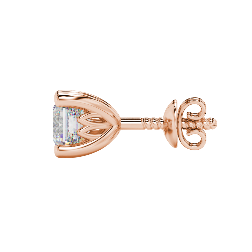 Asscher cut solitaire stud earrings in gold featuring 5.00 MM square gemstones in a classic four-prong setting