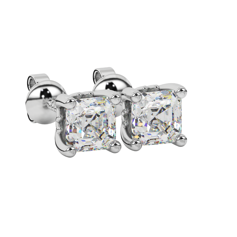 Asscher cut solitaire stud earrings in gold featuring 5.00 MM square gemstones in a classic four-prong setting