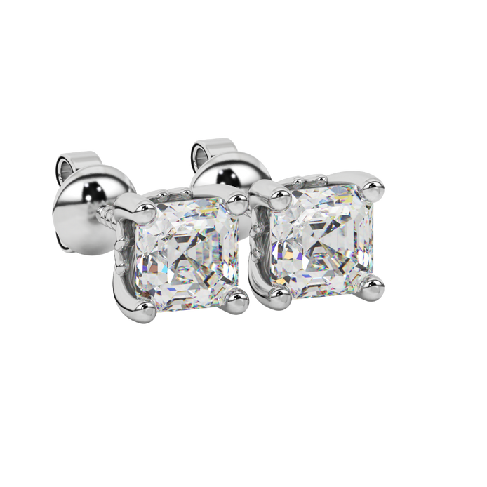 Asscher cut solitaire stud earrings in gold featuring 5.00 MM square gemstones in a classic four-prong setting