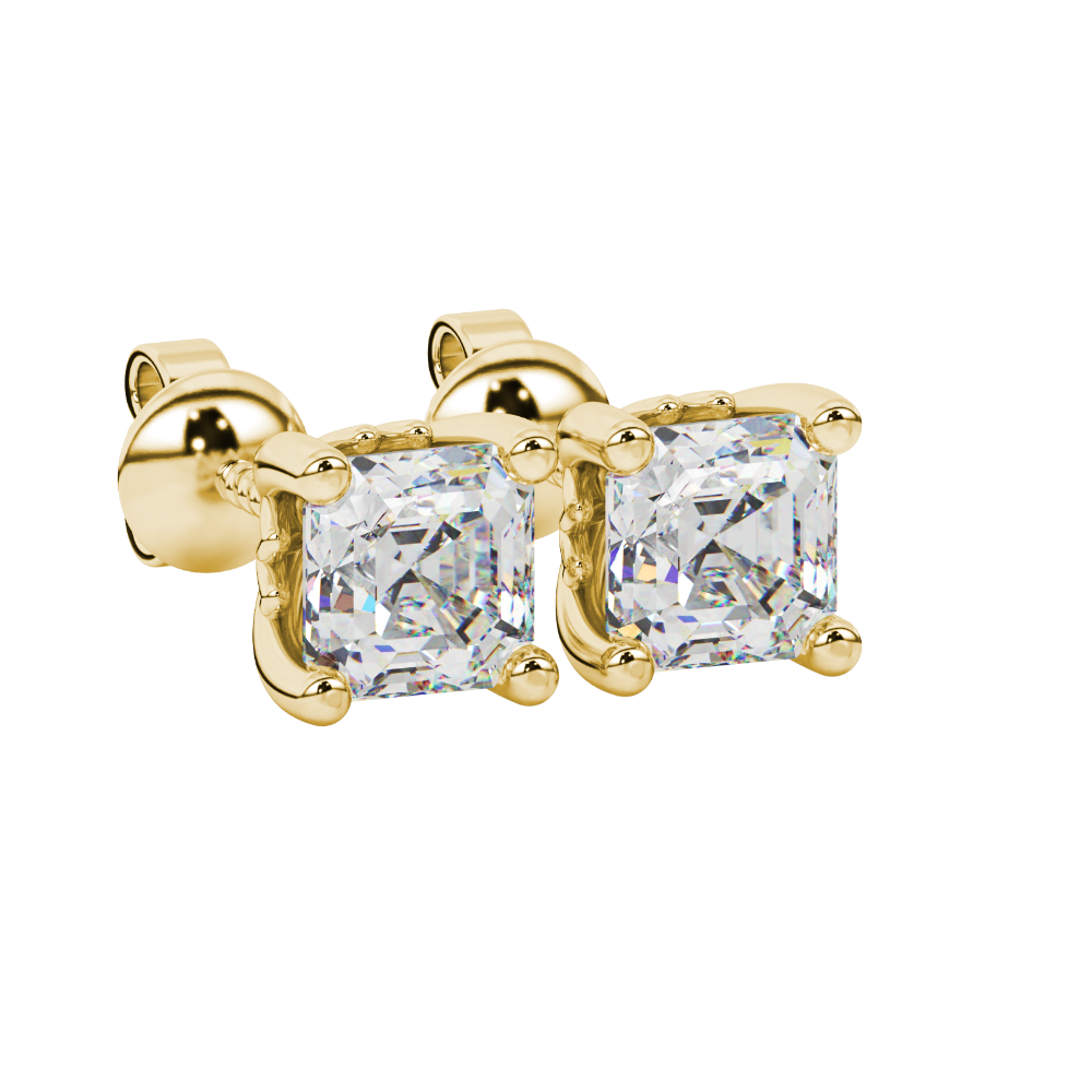 Asscher cut solitaire stud earrings in gold featuring 5.00 MM square gemstones in a classic four-prong setting