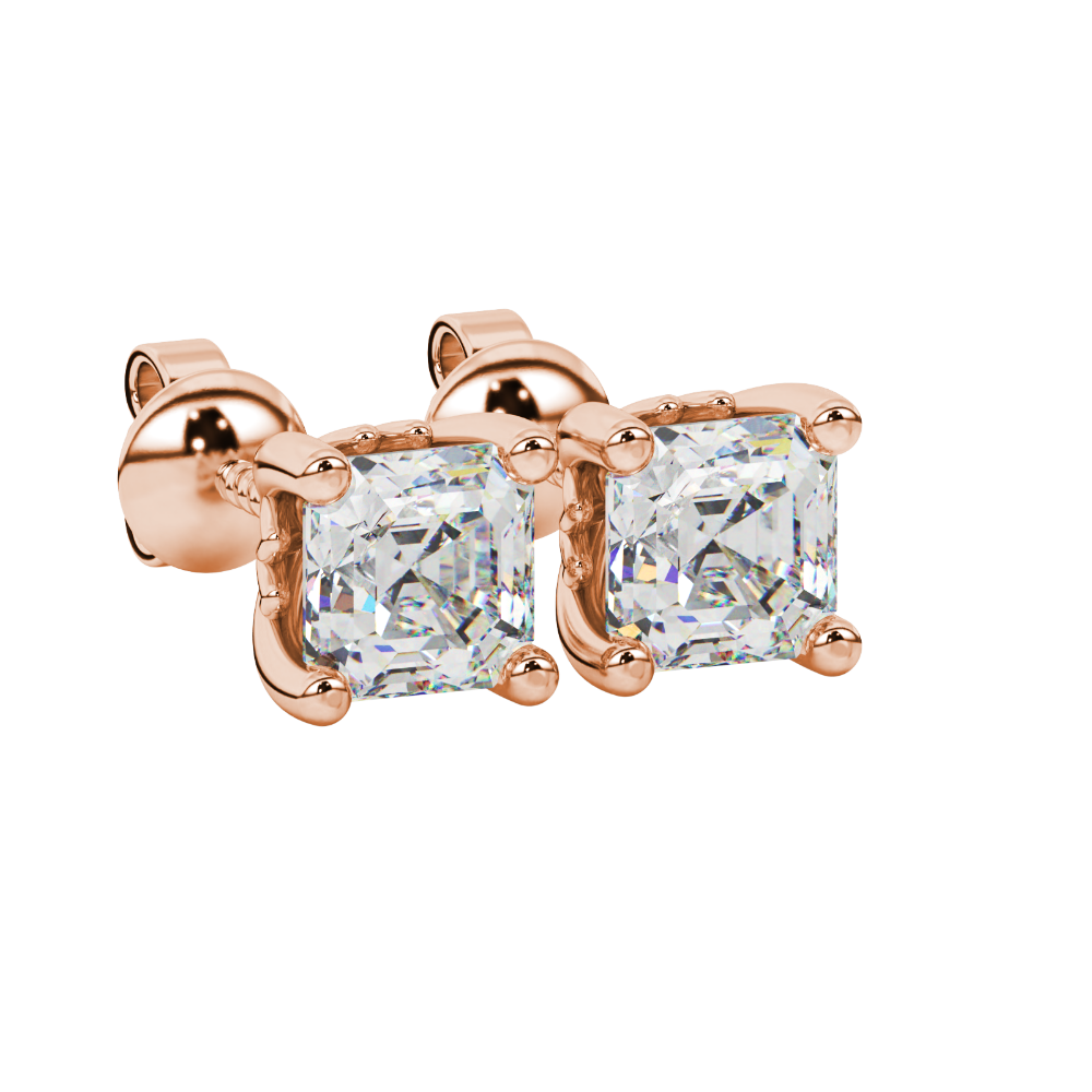 Asscher cut solitaire stud earrings in gold featuring 5.00 MM square gemstones in a classic four-prong setting