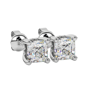 Asscher cut solitaire stud earrings in gold featuring 5.00 MM square gemstones in a classic four-prong setting