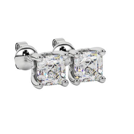 Asscher cut solitaire stud earrings in gold featuring 5.00 MM square gemstones in a classic four-prong setting