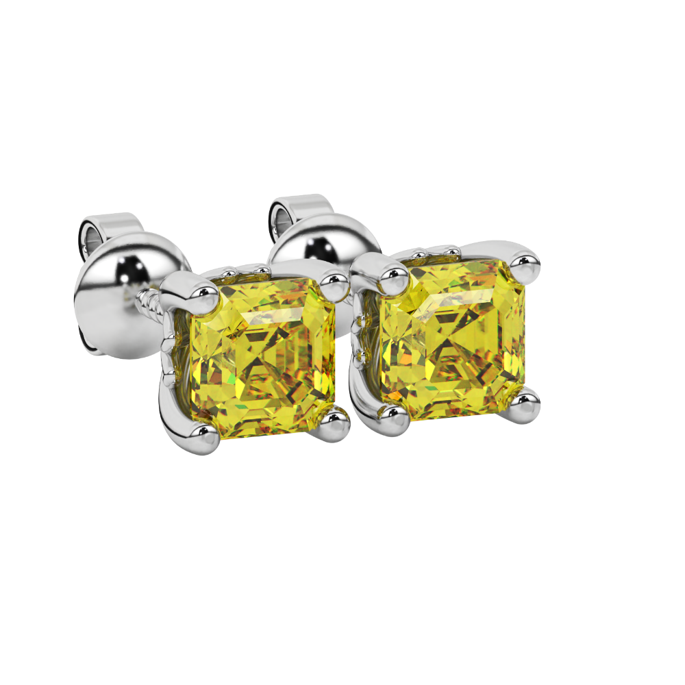 Asscher cut solitaire stud earrings in gold featuring 5.00 MM square gemstones in a classic four-prong setting