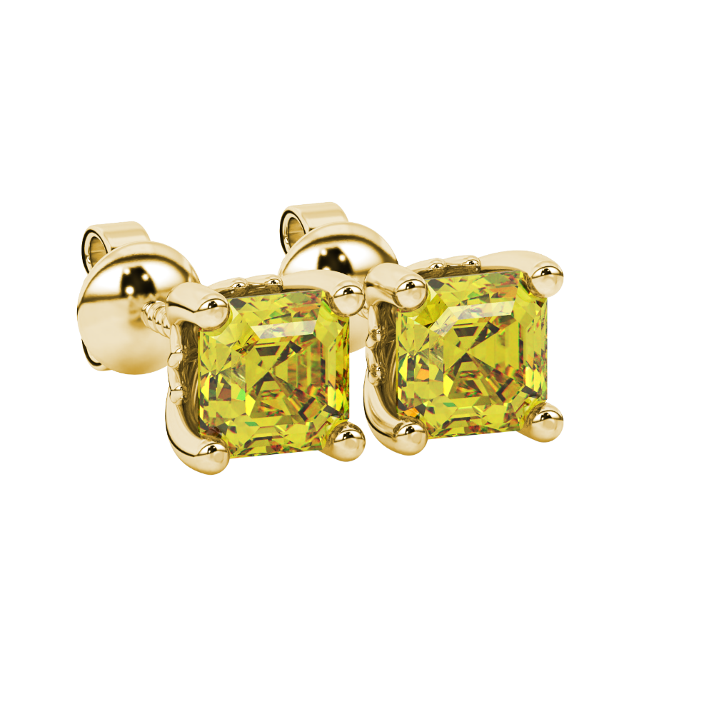 Asscher cut solitaire stud earrings in gold featuring 5.00 MM square gemstones in a classic four-prong setting