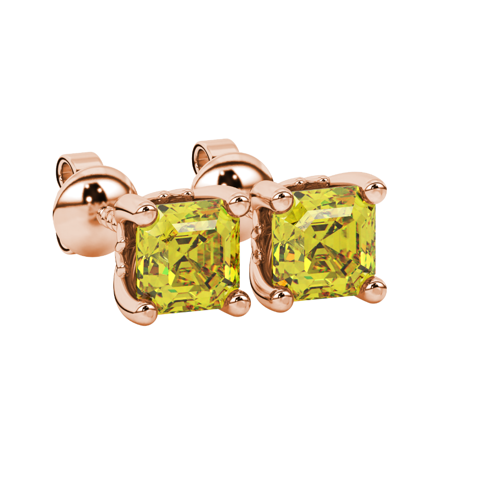 Asscher cut solitaire stud earrings in gold featuring 5.00 MM square gemstones in a classic four-prong setting