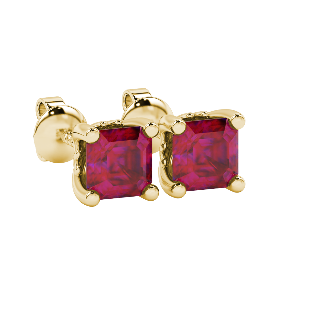 Asscher cut solitaire stud earrings in gold featuring 5.00 MM square gemstones in a classic four-prong setting