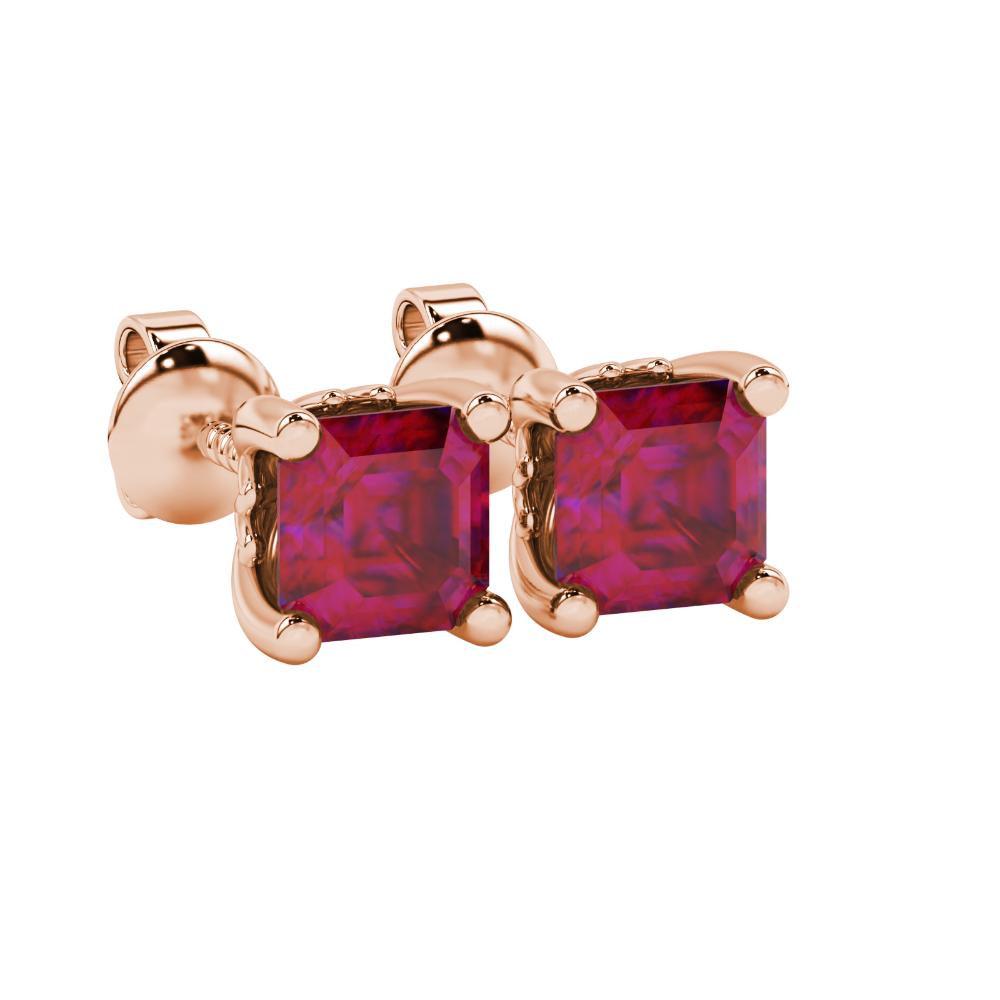 Asscher cut solitaire stud earrings in gold featuring 5.00 MM square gemstones in a classic four-prong setting
