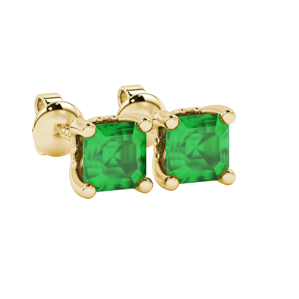 Asscher cut solitaire stud earrings in gold featuring 5.00 MM square gemstones in a classic four-prong setting