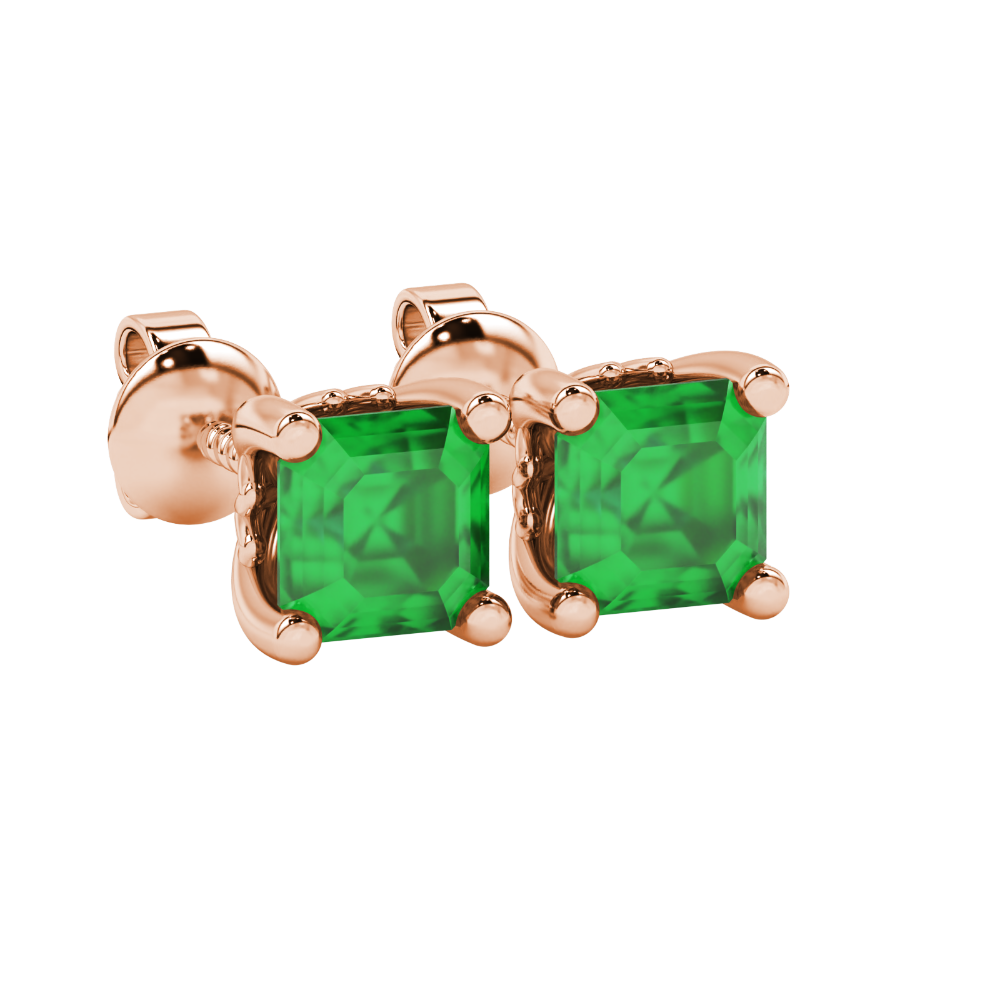 Asscher cut solitaire stud earrings in gold featuring 5.00 MM square gemstones in a classic four-prong setting