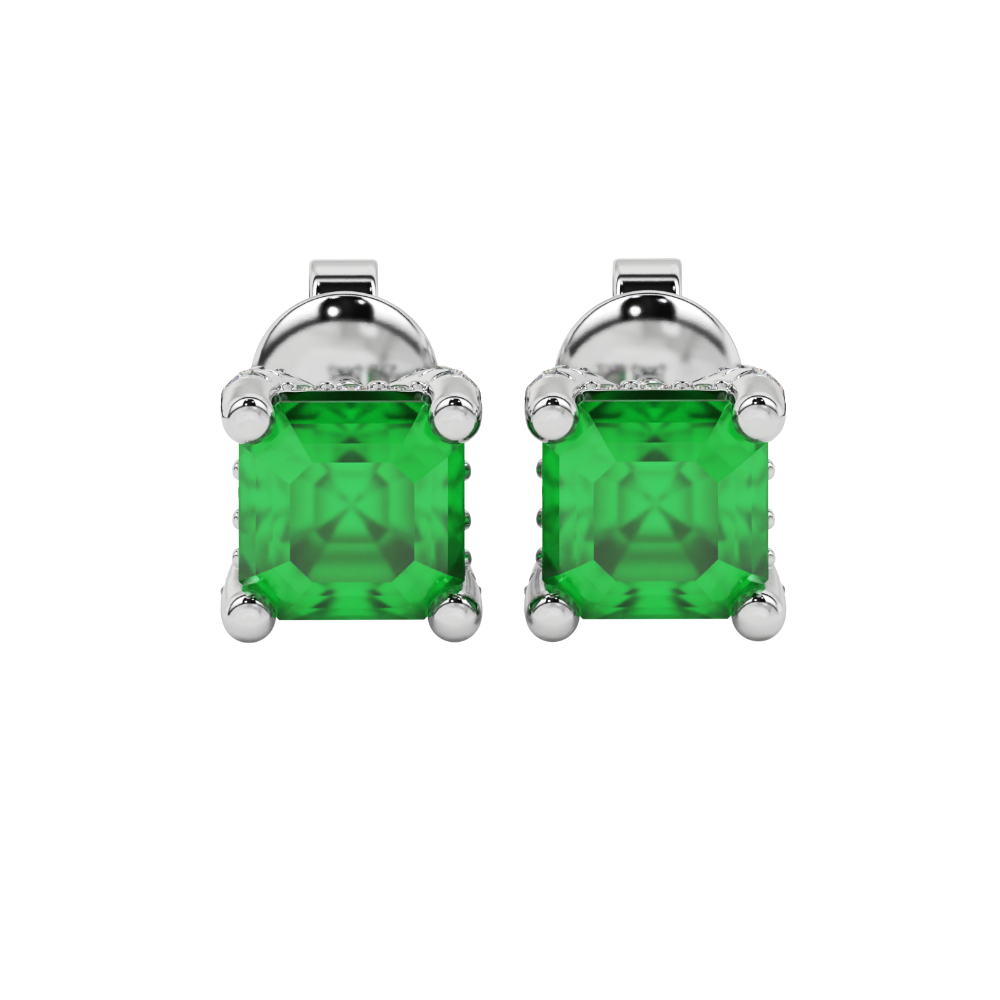 Asscher cut hidden halo stud earrings in gold featuring 5.00 MM gemstones with diamond accented basket setting
