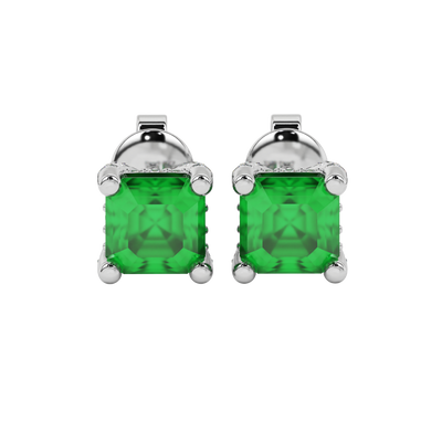 Emerald Green gemstone four-prong pavé basket stud earrings in white gold
