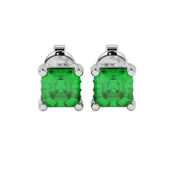 Emerald Green gemstone four-prong pavé basket stud earrings in white gold
