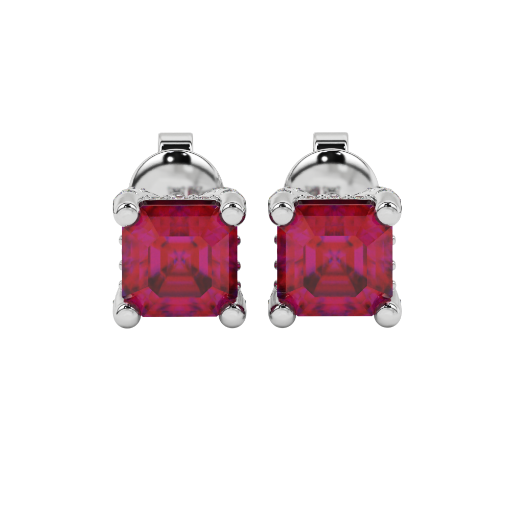 Asscher cut hidden halo stud earrings in gold featuring 5.00 MM gemstones with diamond accented basket setting