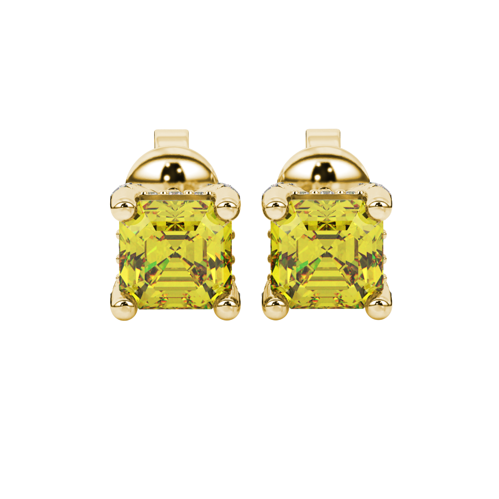 Asscher cut hidden halo stud earrings in gold featuring 5.00 MM gemstones with diamond accented basket setting