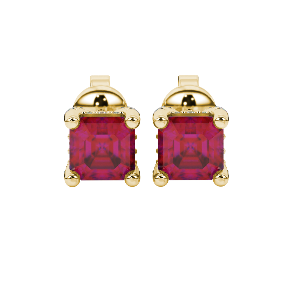 Asscher cut hidden halo stud earrings in gold featuring 5.00 MM gemstones with diamond accented basket setting