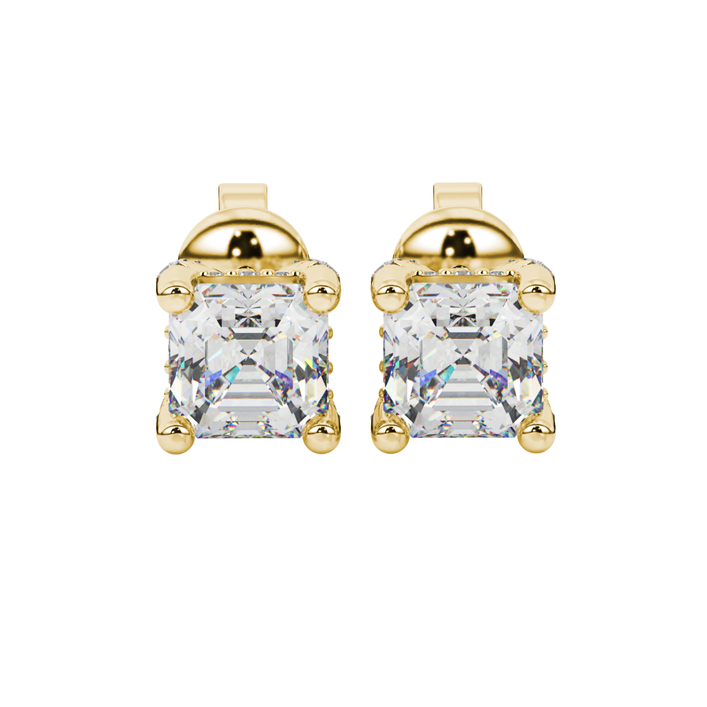 Asscher cut hidden halo stud earrings in gold featuring 5.00 MM gemstones with diamond accented basket setting