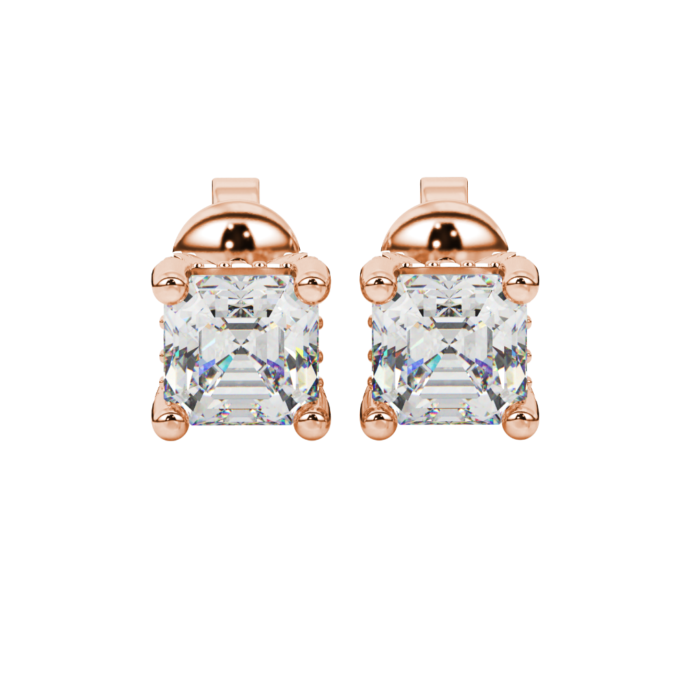 Asscher cut hidden halo stud earrings in gold featuring 5.00 MM gemstones with diamond accented basket setting