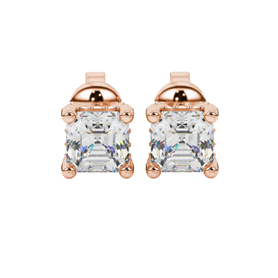 Asscher cut hidden halo stud earrings in gold featuring 5.00 MM gemstones with diamond accented basket setting
