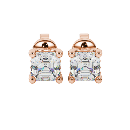 Asscher cut hidden halo stud earrings in gold featuring 5.00 MM gemstones with diamond accented basket setting