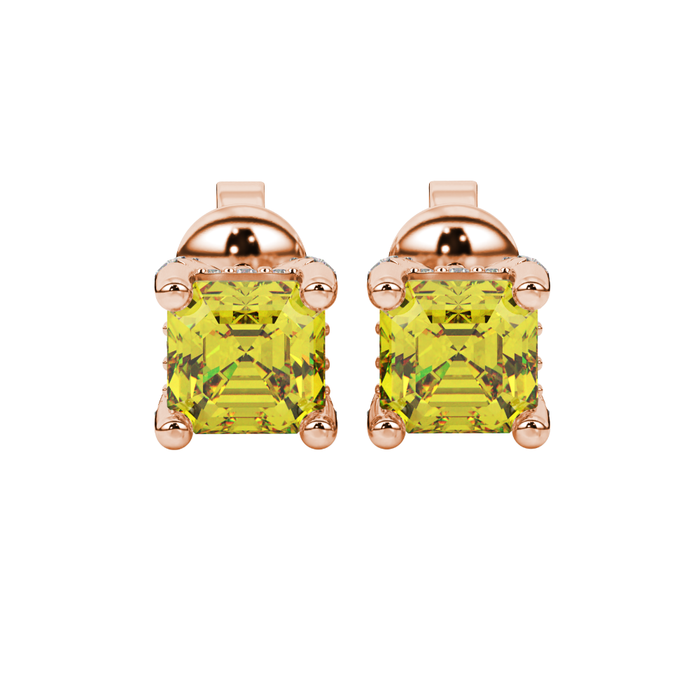 Asscher cut hidden halo stud earrings in gold featuring 5.00 MM gemstones with diamond accented basket setting