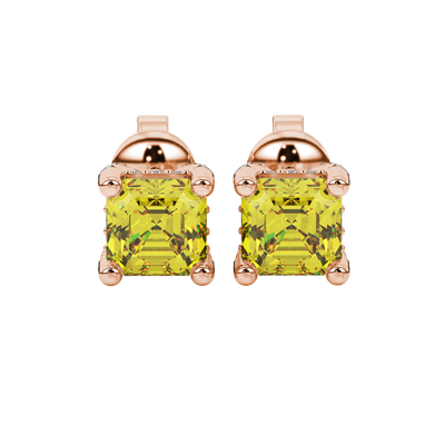 Asscher cut hidden halo stud earrings in gold featuring 5.00 MM gemstones with diamond accented basket setting