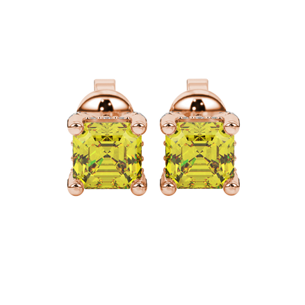 Asscher cut hidden halo stud earrings in gold featuring 5.00 MM gemstones with diamond accented basket setting