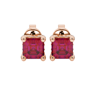 Raspberry Red gemstone four-prong pavé basket stud earrings in rose gold
