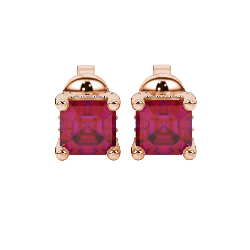 Asscher cut hidden halo stud earrings in gold featuring 5.00 MM gemstones with diamond accented basket setting