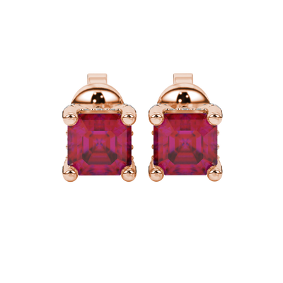 Asscher cut hidden halo stud earrings in gold featuring 5.00 MM gemstones with diamond accented basket setting