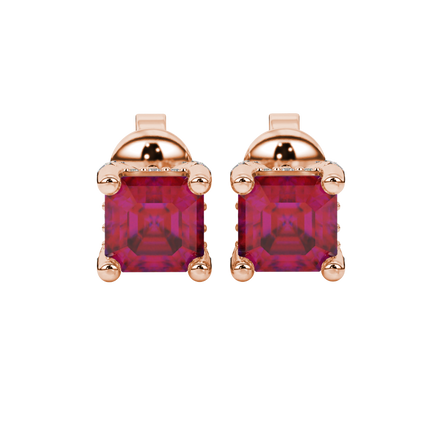 Asscher cut hidden halo stud earrings in gold featuring 5.00 MM gemstones with diamond accented basket setting