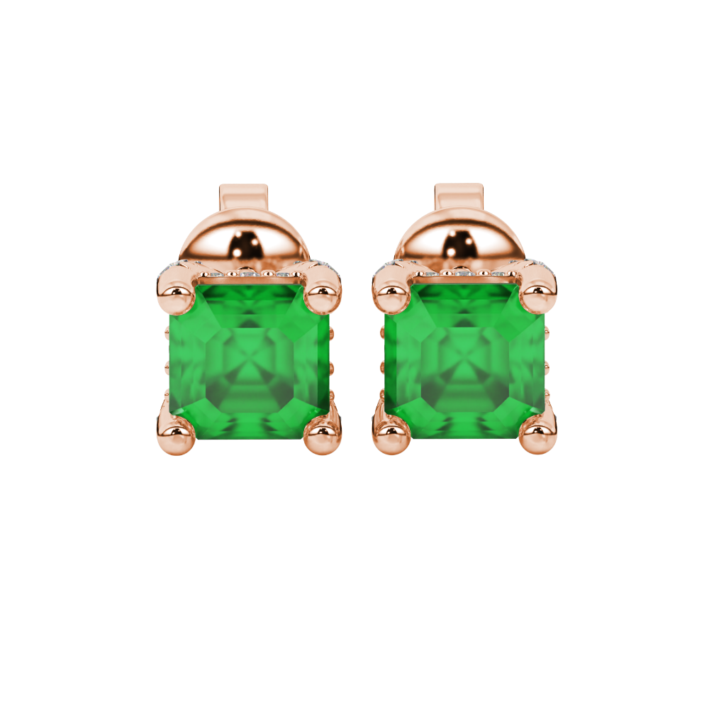 Asscher cut hidden halo stud earrings in gold featuring 5.00 MM gemstones with diamond accented basket setting
