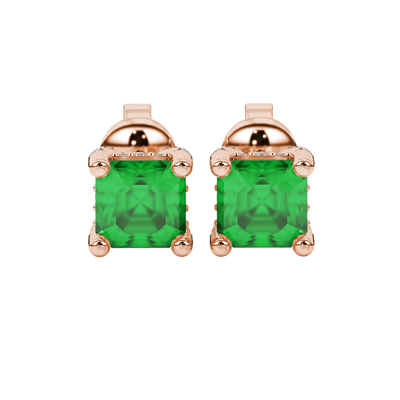 Asscher cut hidden halo stud earrings in gold featuring 5.00 MM gemstones with diamond accented basket setting