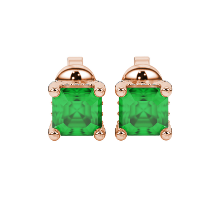 Asscher cut hidden halo stud earrings in gold featuring 5.00 MM gemstones with diamond accented basket setting