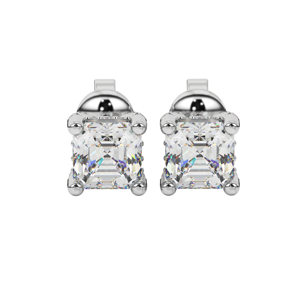 Asscher cut hidden halo stud earrings in gold featuring 5.00 MM gemstones with diamond accented basket setting