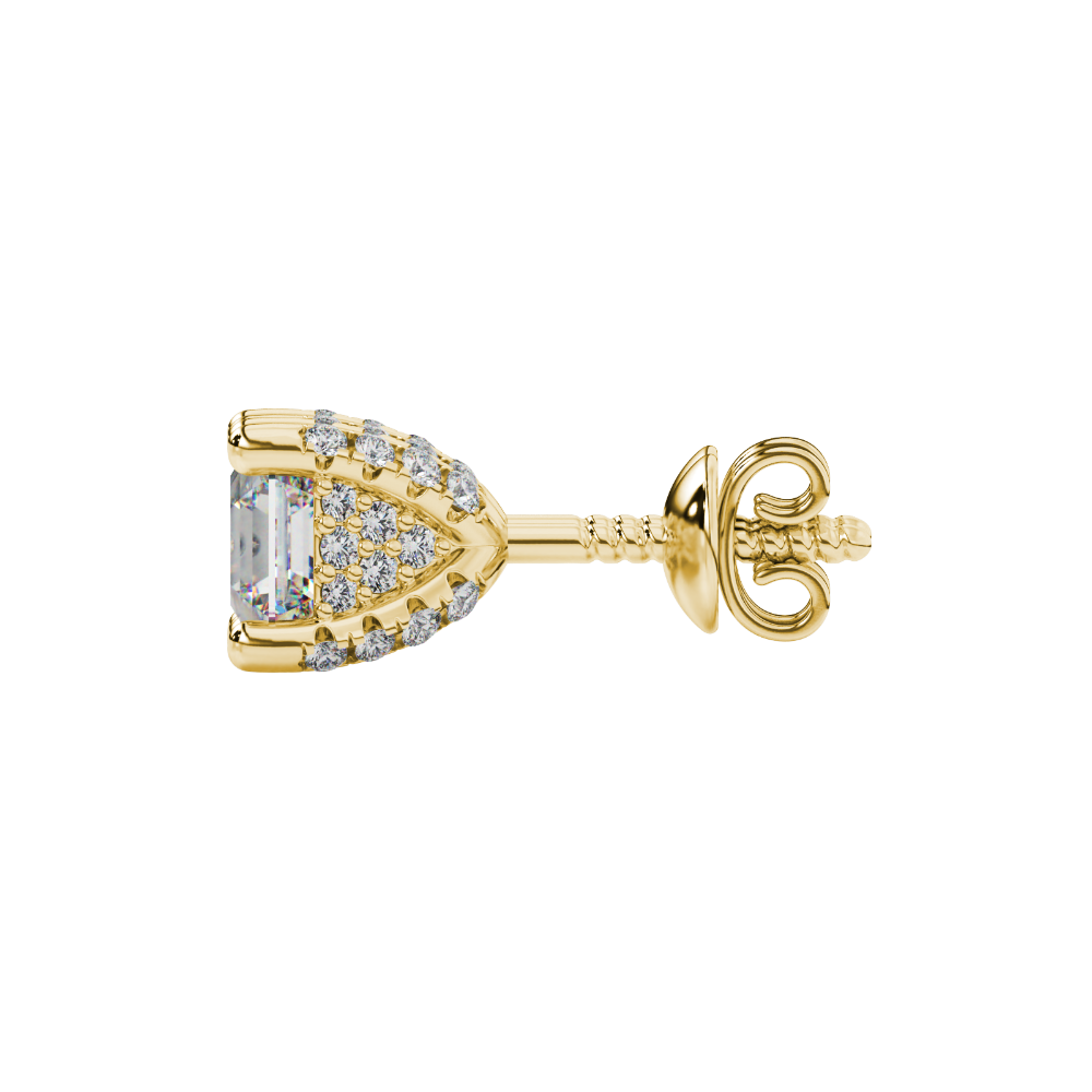 Asscher cut hidden halo stud earrings in gold featuring 5.00 MM gemstones with diamond accented basket setting