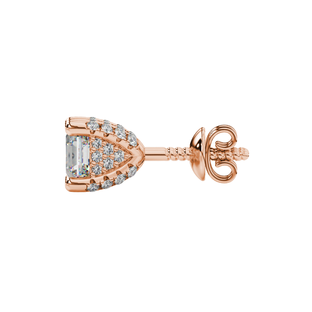 Asscher cut hidden halo stud earrings in gold featuring 5.00 MM gemstones with diamond accented basket setting