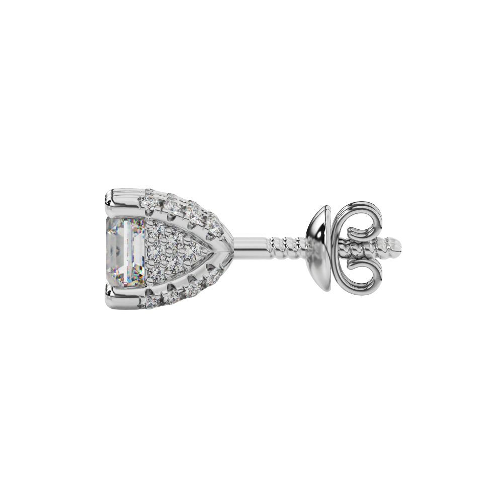 Asscher cut hidden halo stud earrings in gold featuring 5.00 MM gemstones with diamond accented basket setting