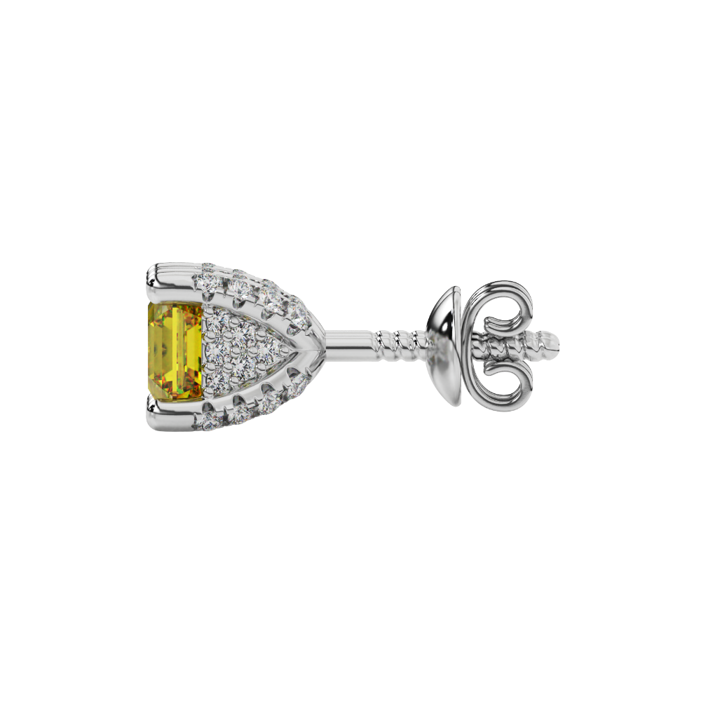 Asscher cut hidden halo stud earrings in gold featuring 5.00 MM gemstones with diamond accented basket setting