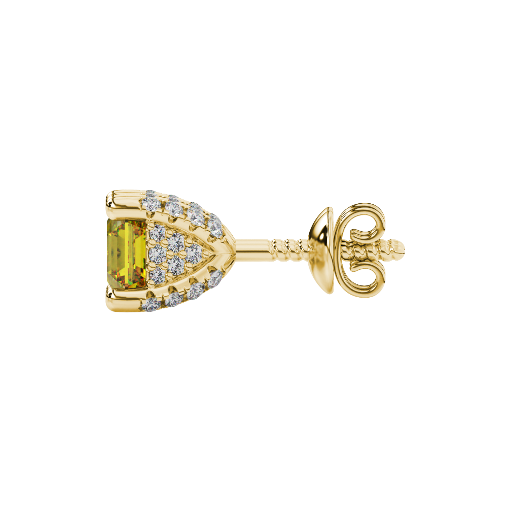 Asscher cut hidden halo stud earrings in gold featuring 5.00 MM gemstones with diamond accented basket setting