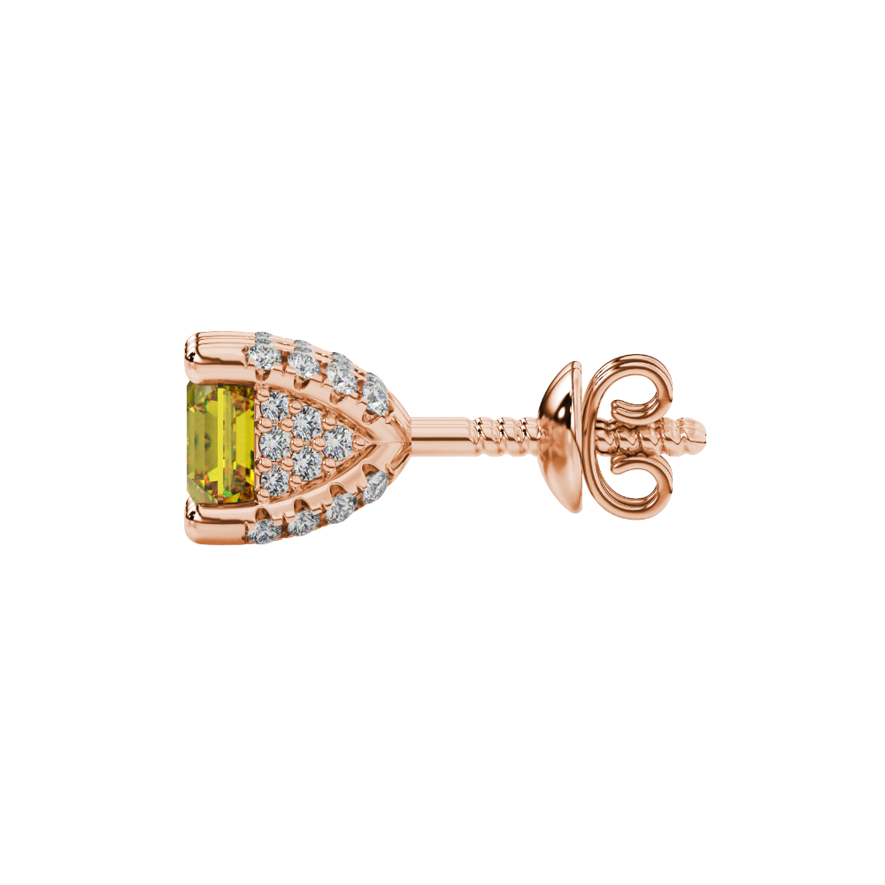 Asscher cut hidden halo stud earrings in gold featuring 5.00 MM gemstones with diamond accented basket setting