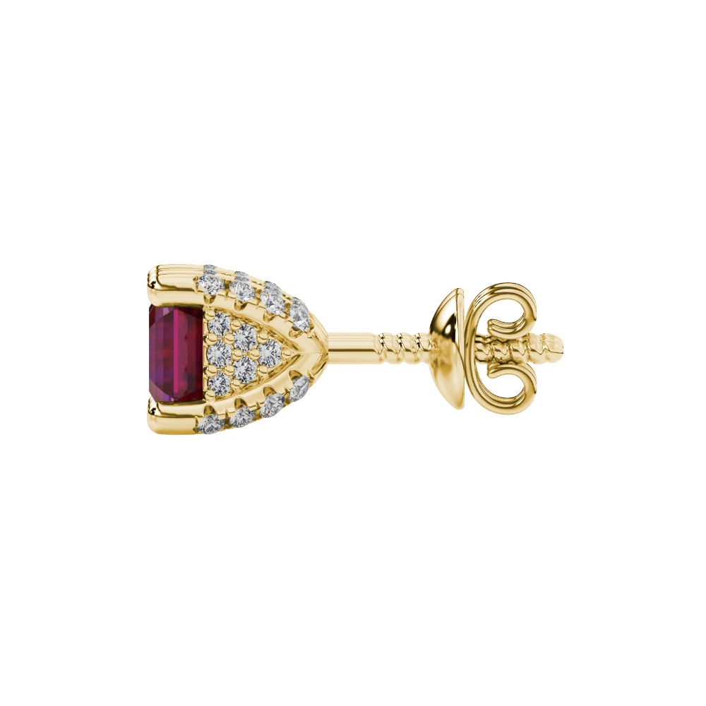Asscher cut hidden halo stud earrings in gold featuring 5.00 MM gemstones with diamond accented basket setting