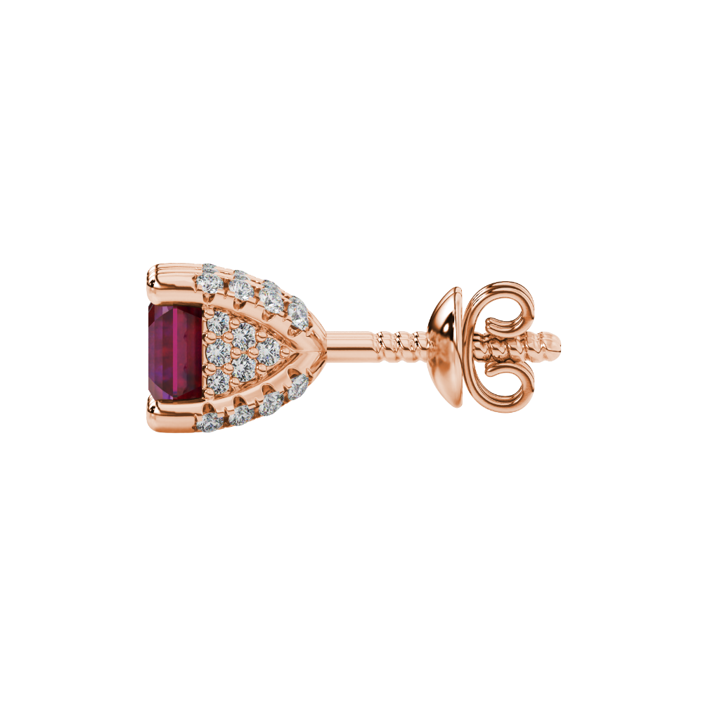 Asscher cut hidden halo stud earrings in gold featuring 5.00 MM gemstones with diamond accented basket setting