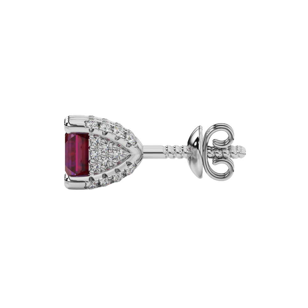 Asscher cut hidden halo stud earrings in gold featuring 5.00 MM gemstones with diamond accented basket setting