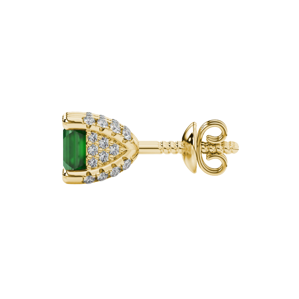 Asscher cut hidden halo stud earrings in gold featuring 5.00 MM gemstones with diamond accented basket setting